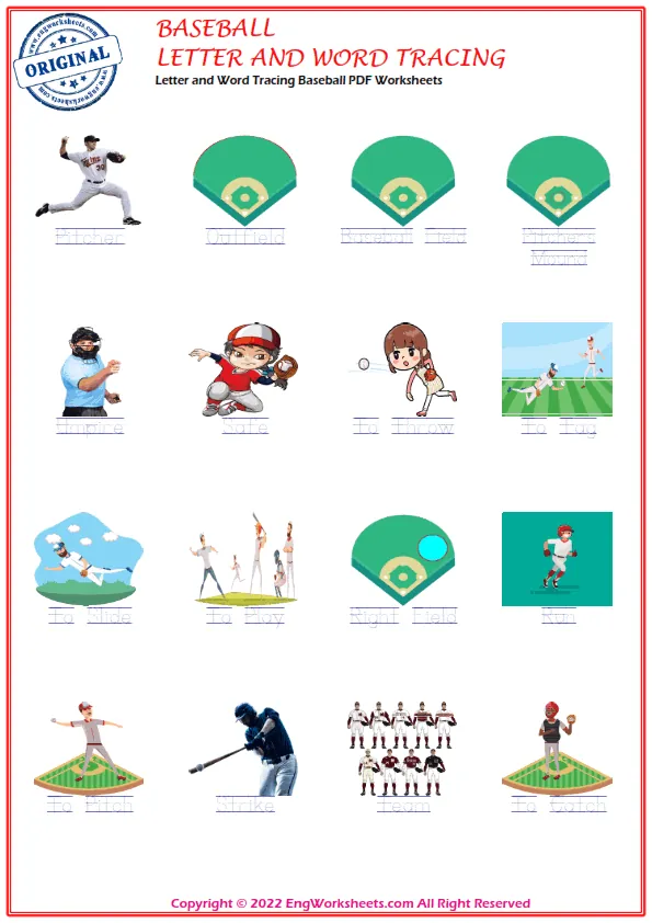 Letter and Word Tracing Baseball PDF Worksheets Worksheet Preview