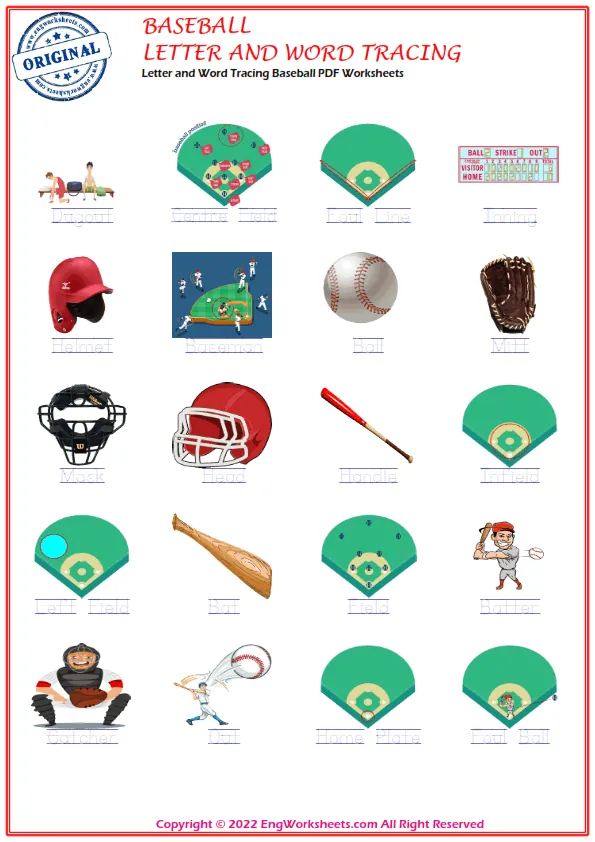 Letter and Word Tracing Baseball PDF Worksheets Worksheet Preview