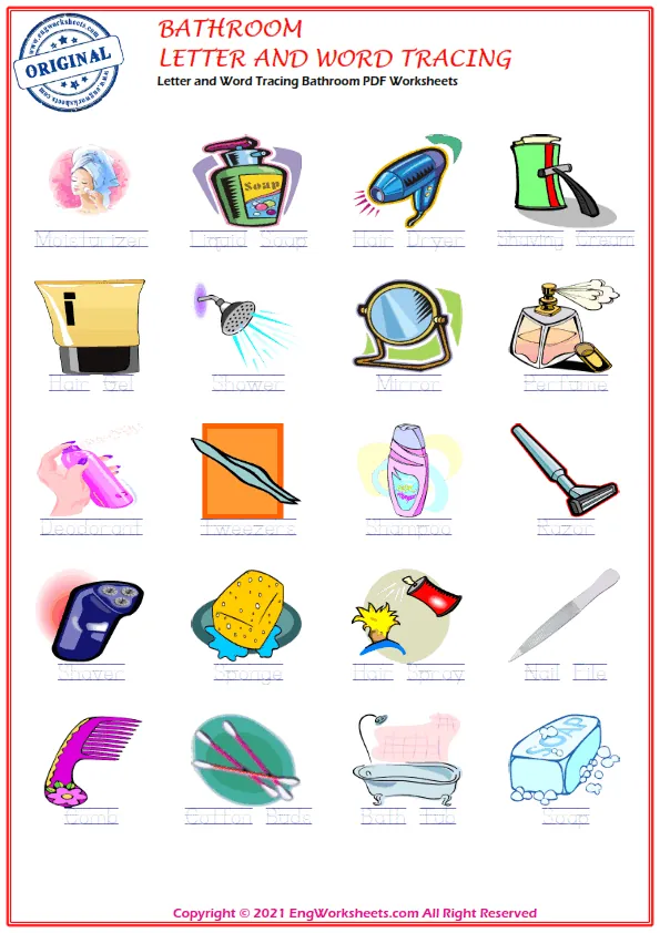 Letter and Word Tracing Bathroom PDF Worksheets Worksheet Preview