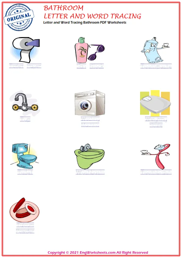 Letter and Word Tracing Bathroom PDF Worksheets Worksheet Preview