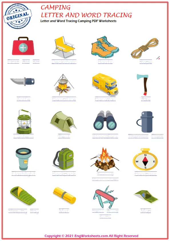 Letter and Word Tracing Camping PDF Worksheets Worksheet Preview
