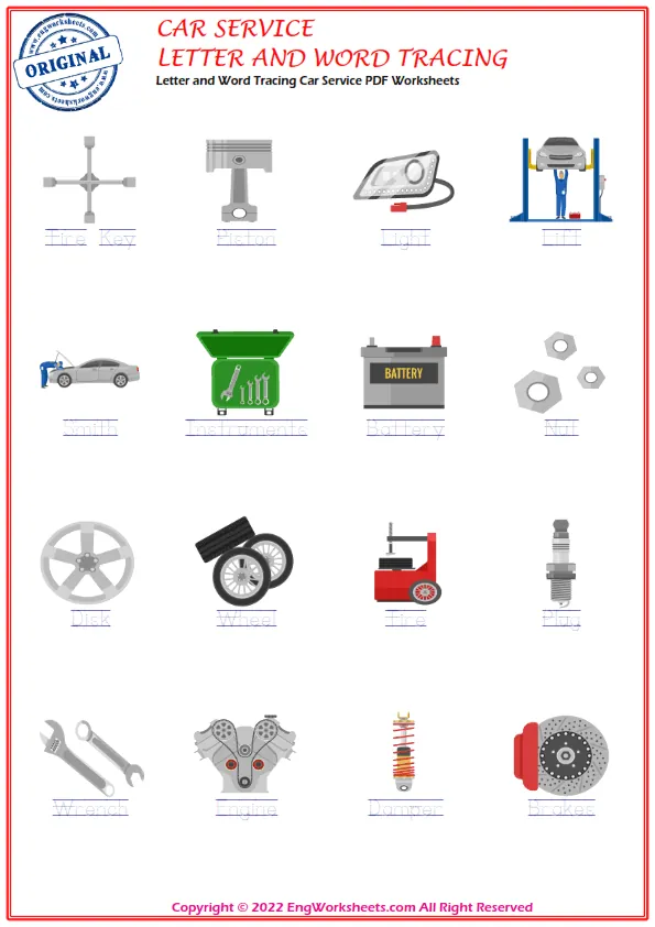 Wordless Car Service vocabulary worksheet with nine images per page Worksheet Preview