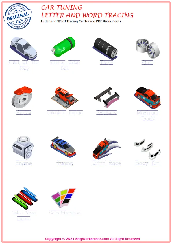 Letter and Word Tracing Car Tuning PDF Worksheets Worksheet Preview