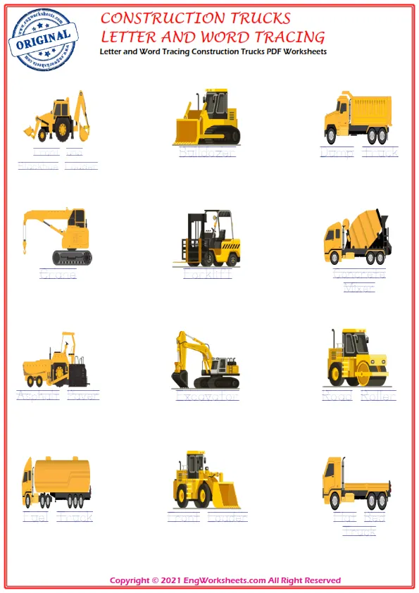 Letter and Word Tracing Construction Trucks PDF Worksheets Worksheet Preview