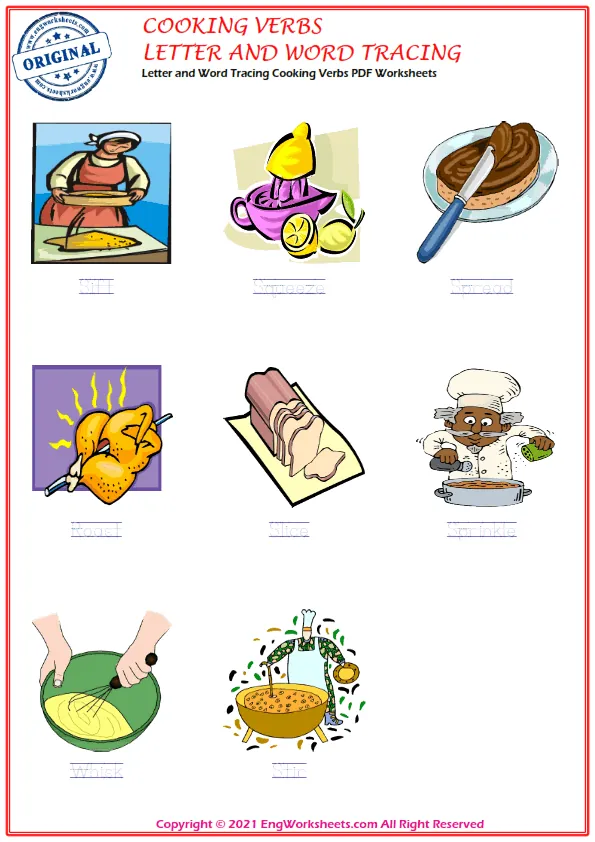 Letter and Word Tracing Cooking Verbs PDF Worksheets Worksheet Preview