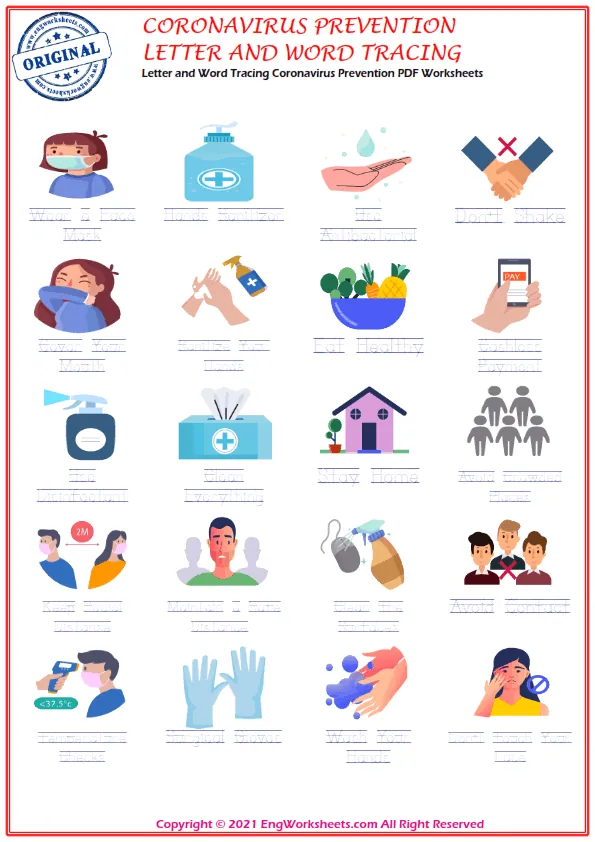 Letter and Word Tracing Coronavirus Prevention PDF Worksheets Worksheet Preview