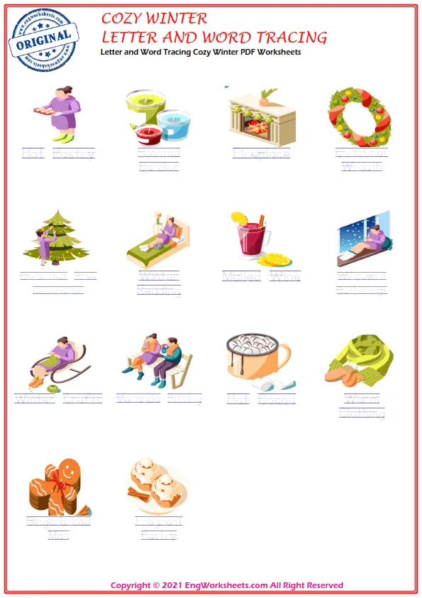 Letter and Word Tracing Cozy Winter PDF Worksheets Worksheet Preview