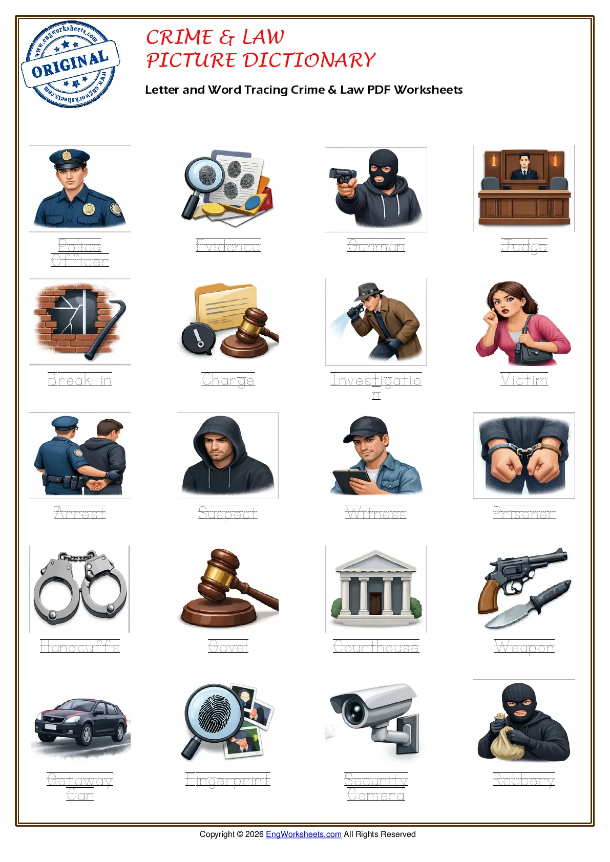 Letter and Word Tracing Crime & Law PDF Worksheets Worksheet Preview