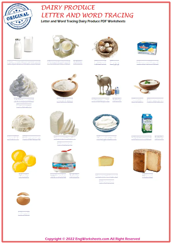 Wordless Dairy Produce vocabulary worksheet with nine images per page Worksheet Preview