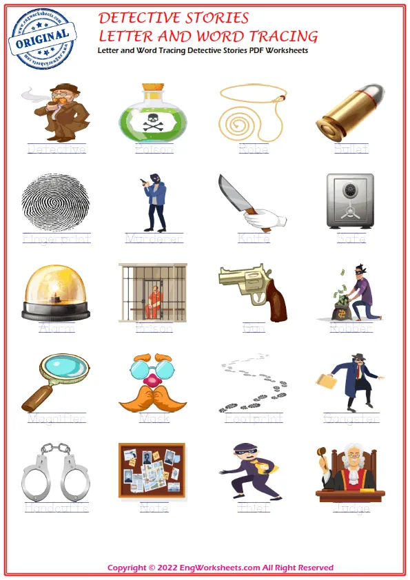 Letter and Word Tracing Detective Stories PDF Worksheets Worksheet Preview
