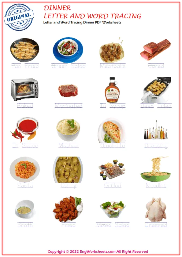 Letter and Word Tracing Dinner PDF Worksheets Worksheet Preview