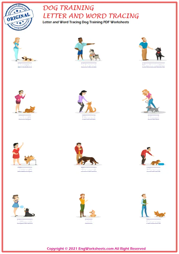 Letter and Word Tracing Dog Training PDF Worksheets Worksheet Preview