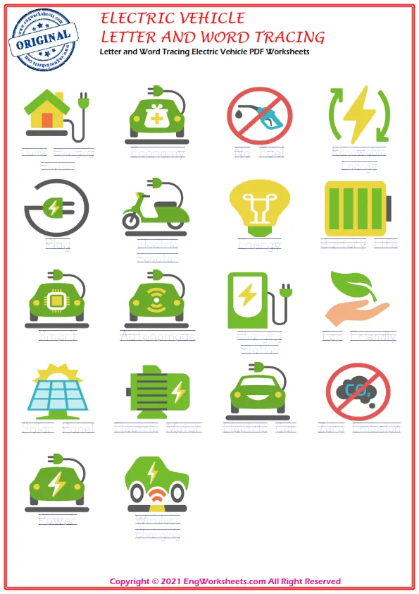 Letter and Word Tracing Electric Vehicle PDF Worksheets Worksheet Preview