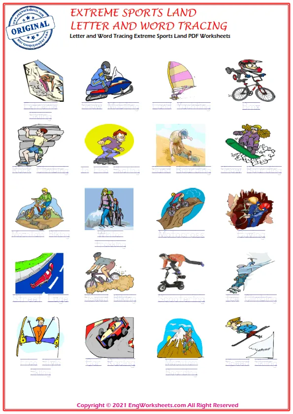 Letter and Word Tracing Extreme Sports Land PDF Worksheets Worksheet Preview