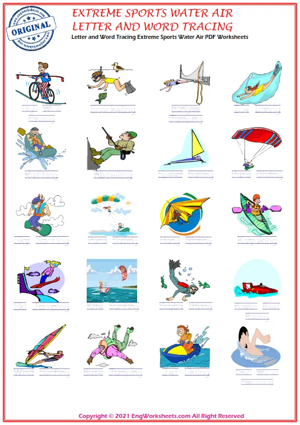 Letter and Word Tracing Extreme Sports Water Air PDF Worksheets Worksheet Preview