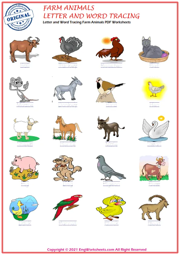 Letter and Word Tracing Farm Animals PDF Worksheets Worksheet Preview