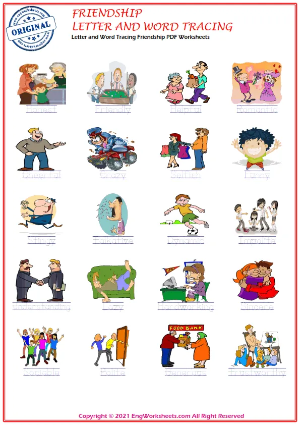 Letter and Word Tracing Friendship PDF Worksheets Worksheet Preview