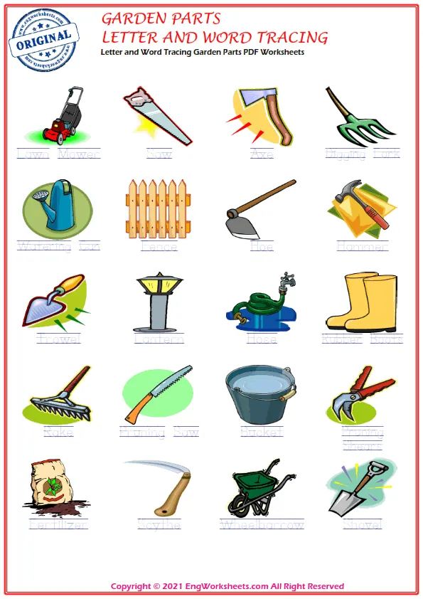 Letter and Word Tracing Garden Parts PDF Worksheets