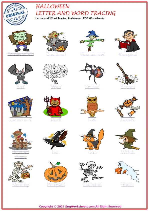 Letter and Word Tracing Halloween PDF Worksheets Worksheet Preview