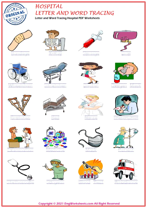 Letter and Word Tracing Hospital PDF Worksheets Worksheet Preview