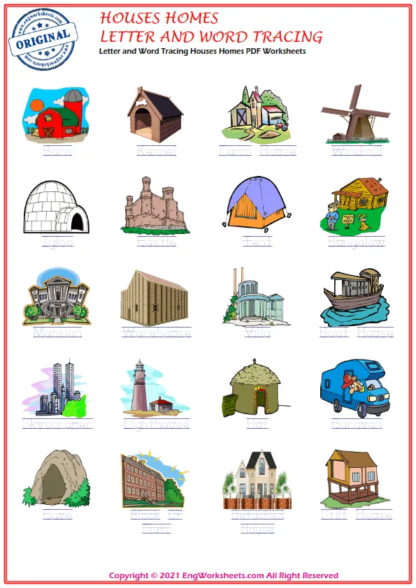 Letter and Word Tracing Houses Homes PDF Worksheets Worksheet Preview