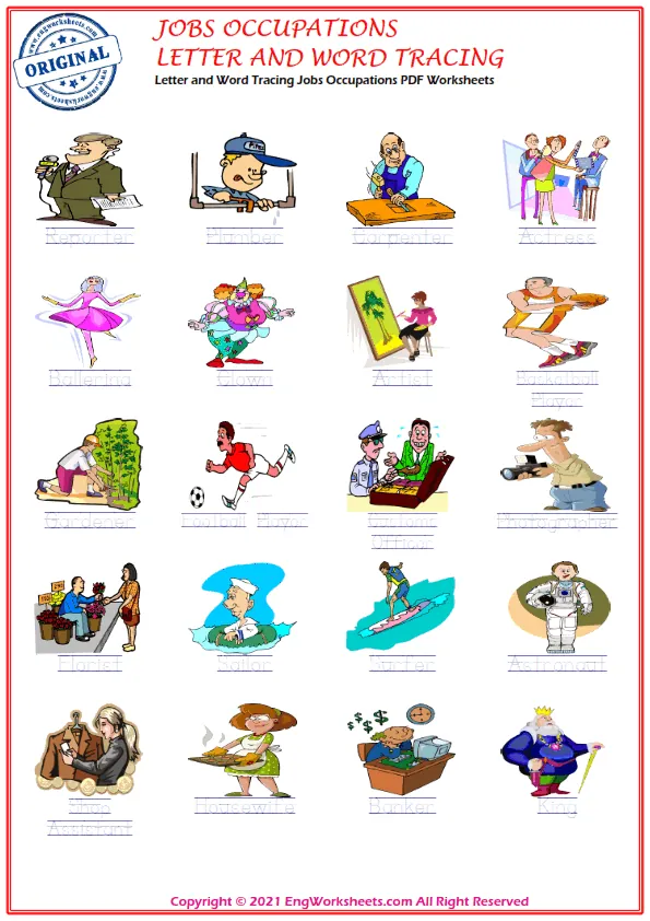 Letter and Word Tracing Jobs Occupations PDF Worksheets Worksheet Preview