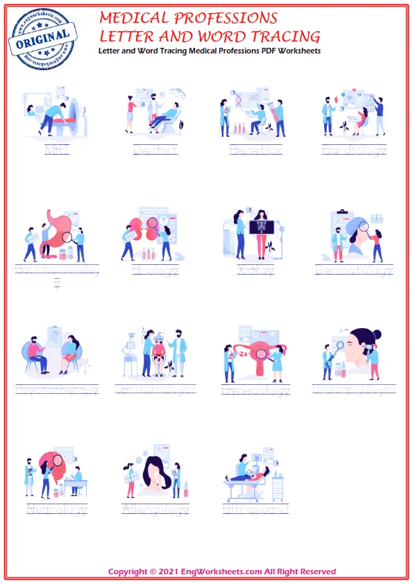 Letter and Word Tracing Medical Professions PDF Worksheets Worksheet Preview