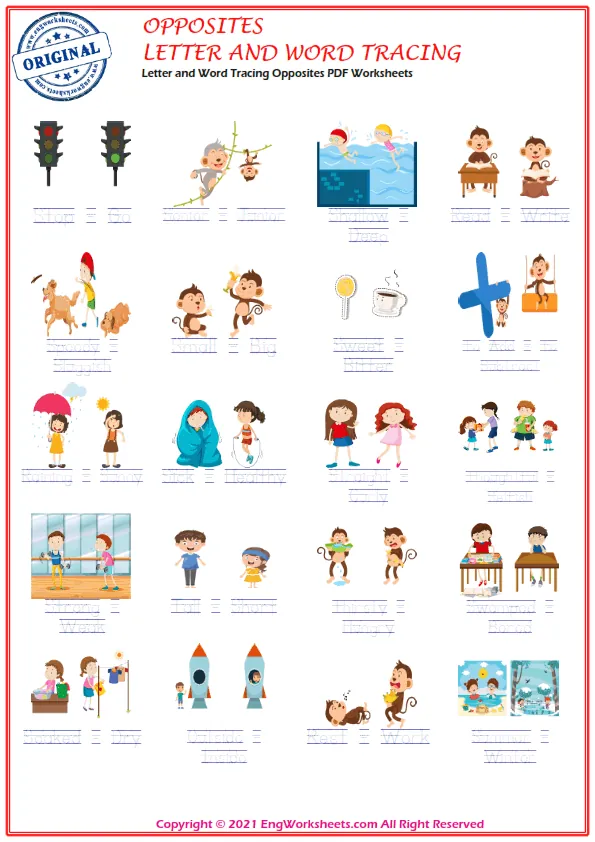Letter and Word Tracing Opposites PDF Worksheets Worksheet Preview