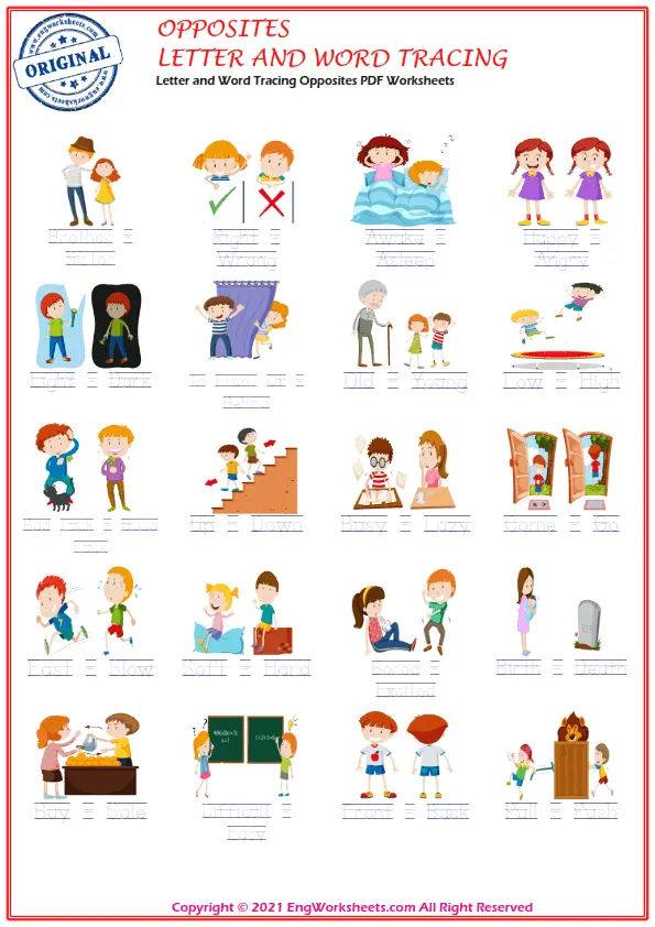 Letter and Word Tracing Opposites PDF Worksheets Worksheet Preview