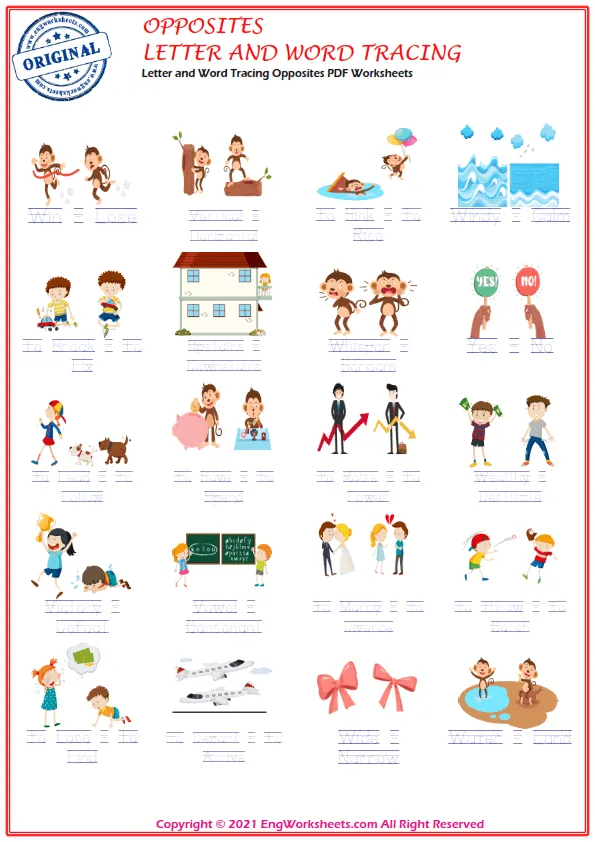 Letter and Word Tracing Opposites PDF Worksheets Worksheet Preview