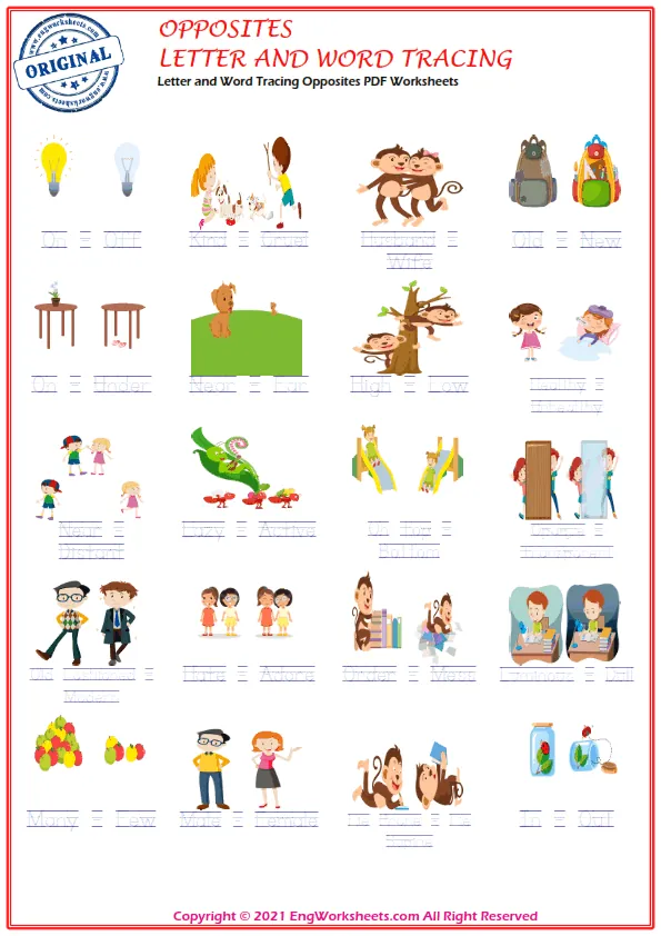 Letter and Word Tracing Opposites PDF Worksheets Worksheet Preview