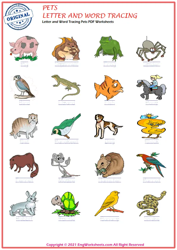 Letter and Word Tracing Pets PDF Worksheets Worksheet Preview