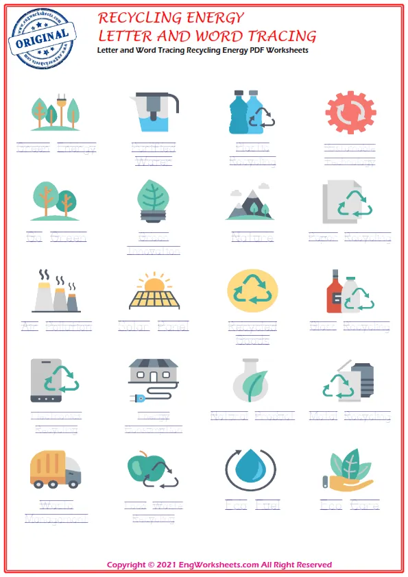 Letter and Word Tracing Recycling Energy PDF Worksheets Worksheet Preview