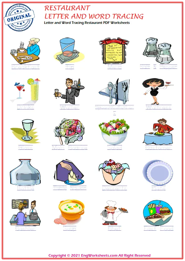 Letter and Word Tracing Restaurant PDF Worksheets