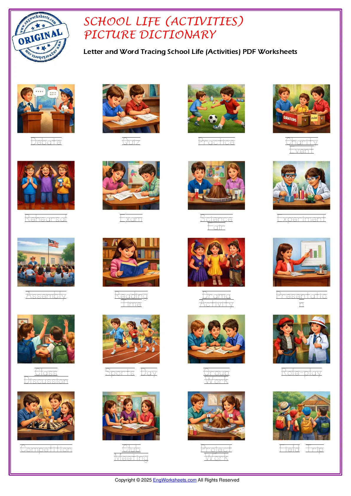 Letter and Word Tracing School Life (Activities) PDF Worksheets Worksheet Preview