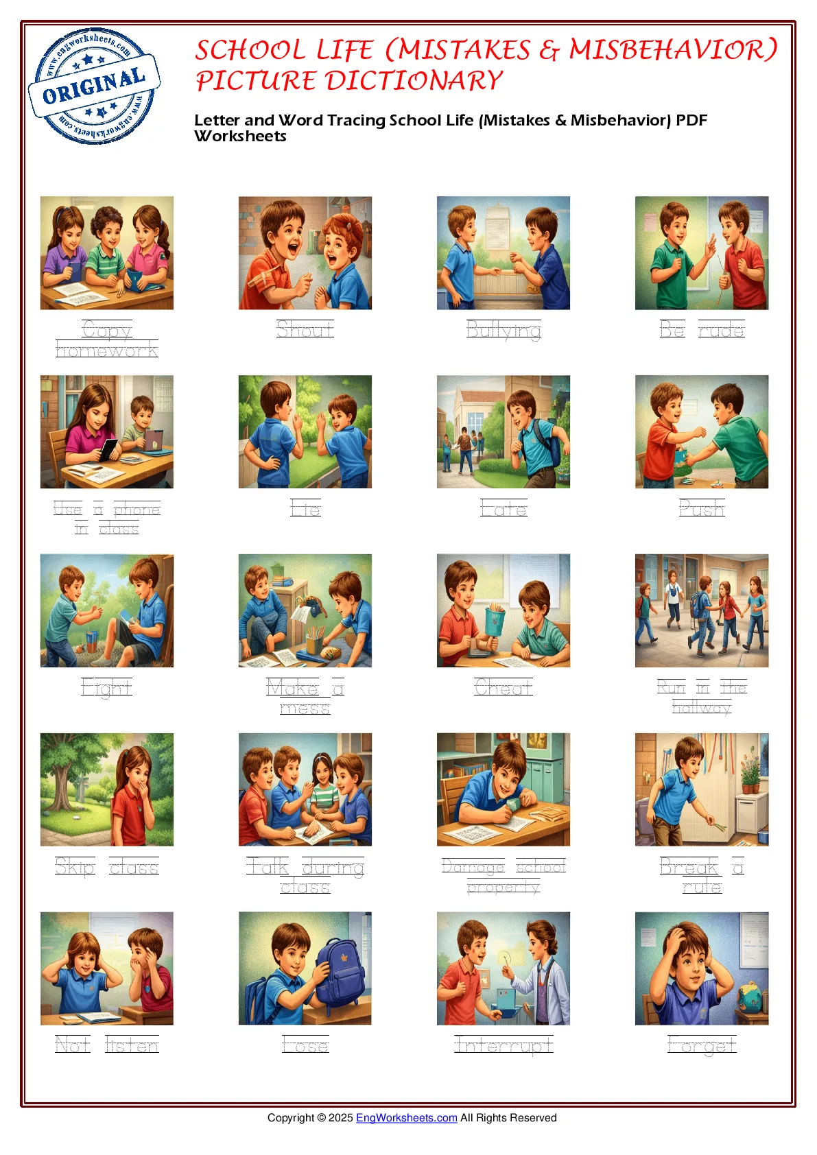 Letter and Word Tracing School Life (Mistakes & Misbehavior) PDF Worksheets Worksheet Preview