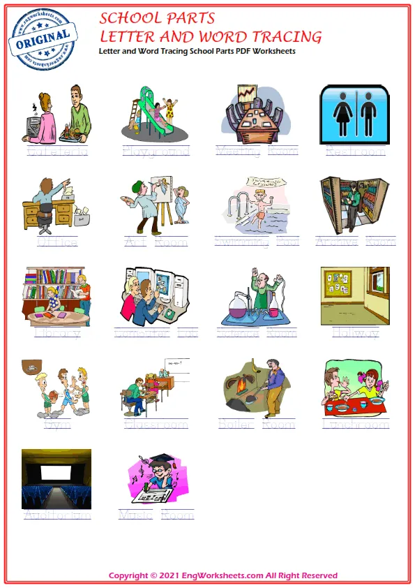Letter and Word Tracing School Parts PDF Worksheets