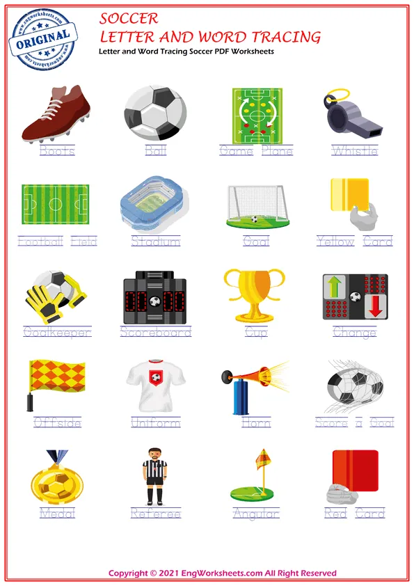 Letter and Word Tracing Soccer PDF Worksheets Worksheet Preview