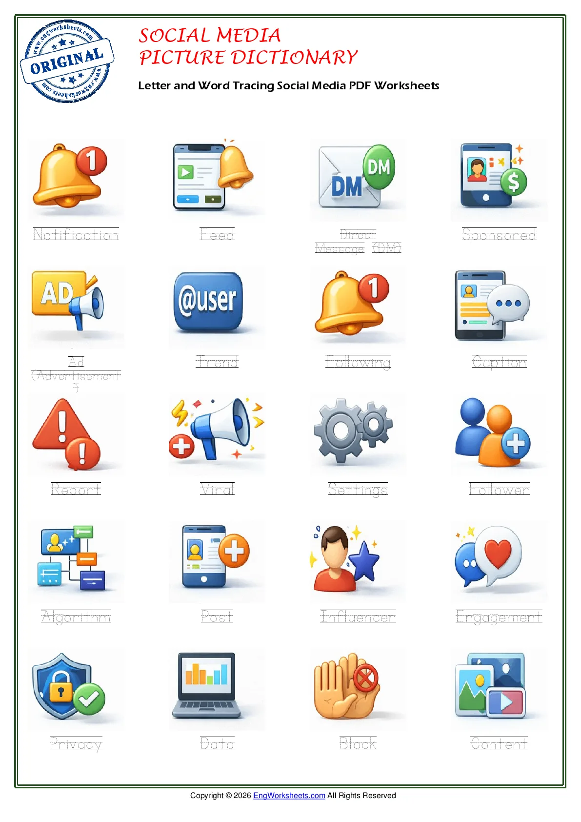 Letter and Word Tracing Social Media PDF Worksheets Worksheet Preview