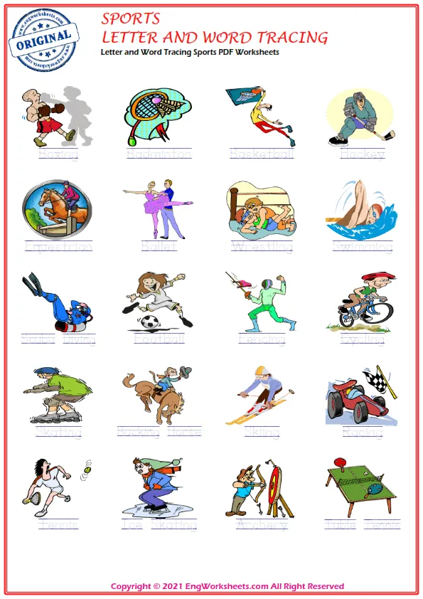 Letter and Word Tracing Sports PDF Worksheets Worksheet Preview