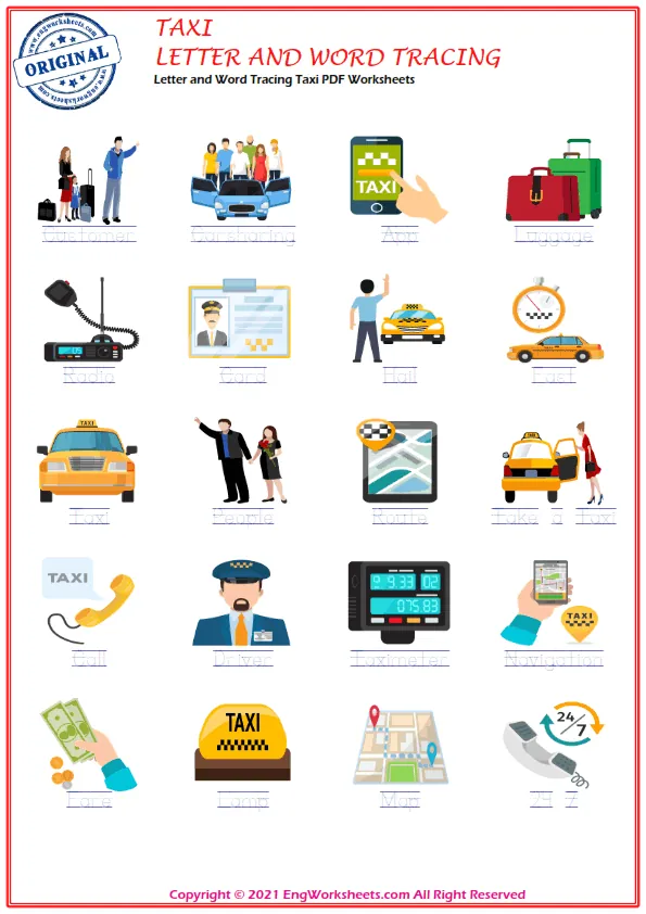 Letter and Word Tracing Taxi PDF Worksheets Worksheet Preview