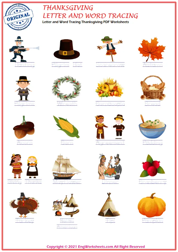 Letter and Word Tracing Thanksgiving PDF Worksheets Worksheet Preview