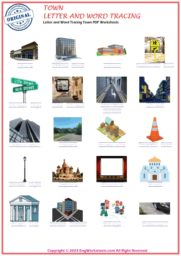 Letter and Word Tracing Town PDF Worksheets Worksheet Preview