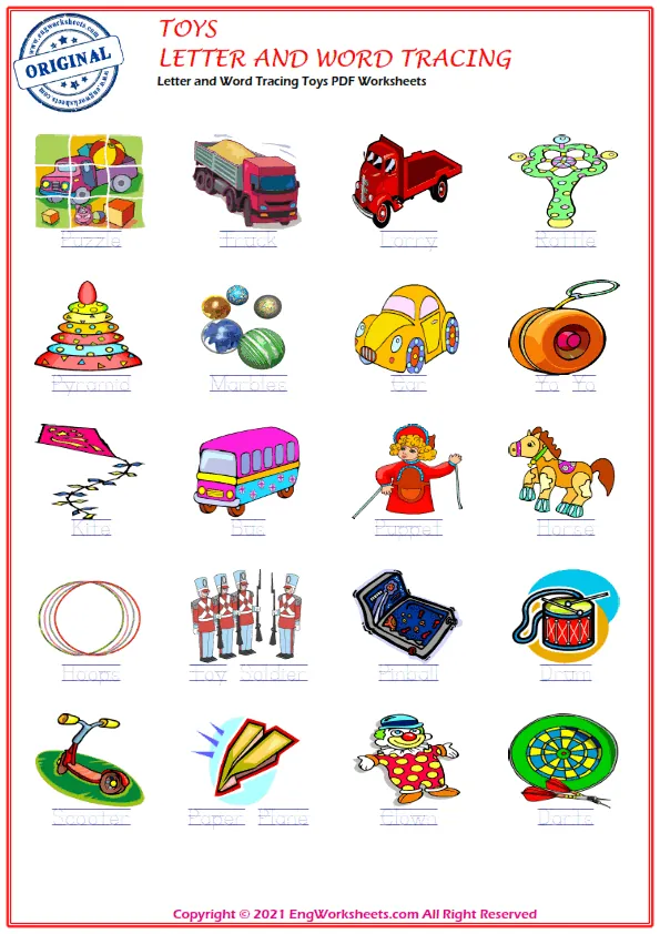 Letter and Word Tracing Toys PDF Worksheets Worksheet Preview
