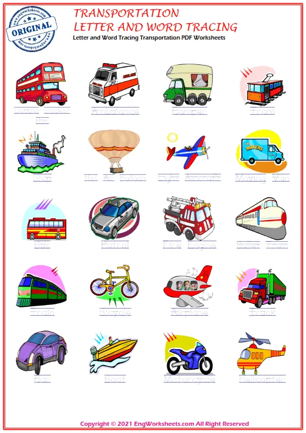 Letter and Word Tracing Transportation PDF Worksheets Worksheet Preview