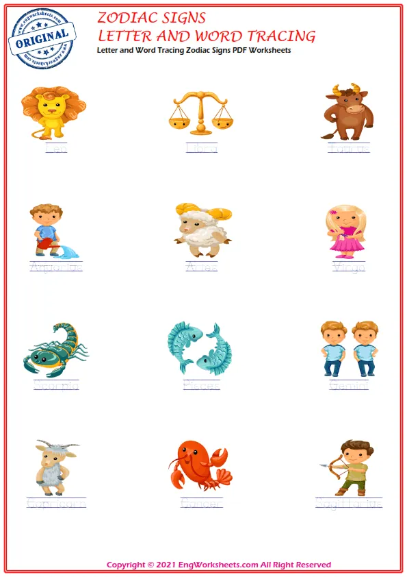 Zodiac Signs vocabulary worksheet with words, four images per page Worksheet Preview