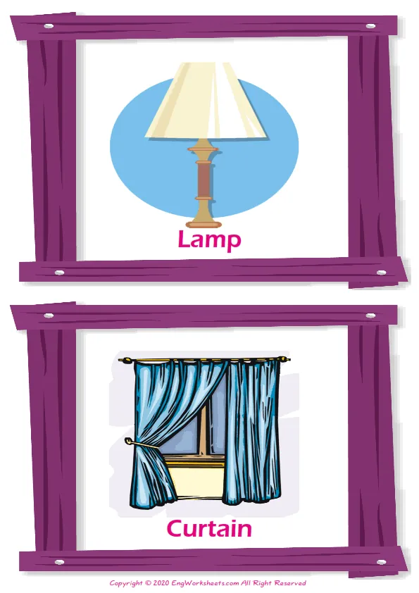 Living Room vocabulary worksheet with words, two images per page