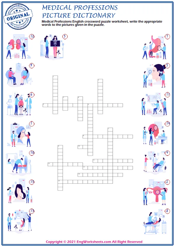 Medical Professions English crossword puzzle worksheet, write the appropriate words to the pictures given in the puzzle. Worksheet Preview
