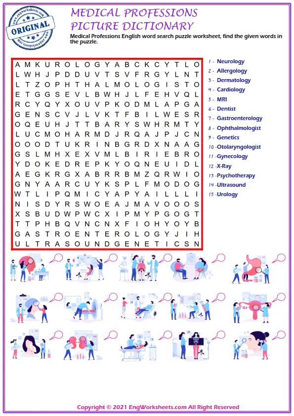Medical Professions English word search puzzle worksheet, find the given words in the puzzle. Worksheet Preview