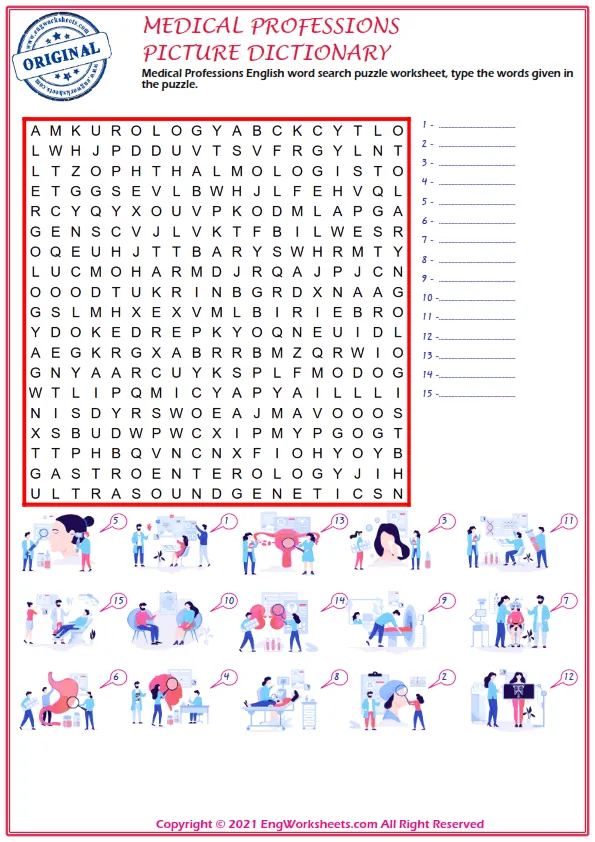 Medical Professions English word search puzzle worksheet, type the words given in the puzzle. Worksheet Preview